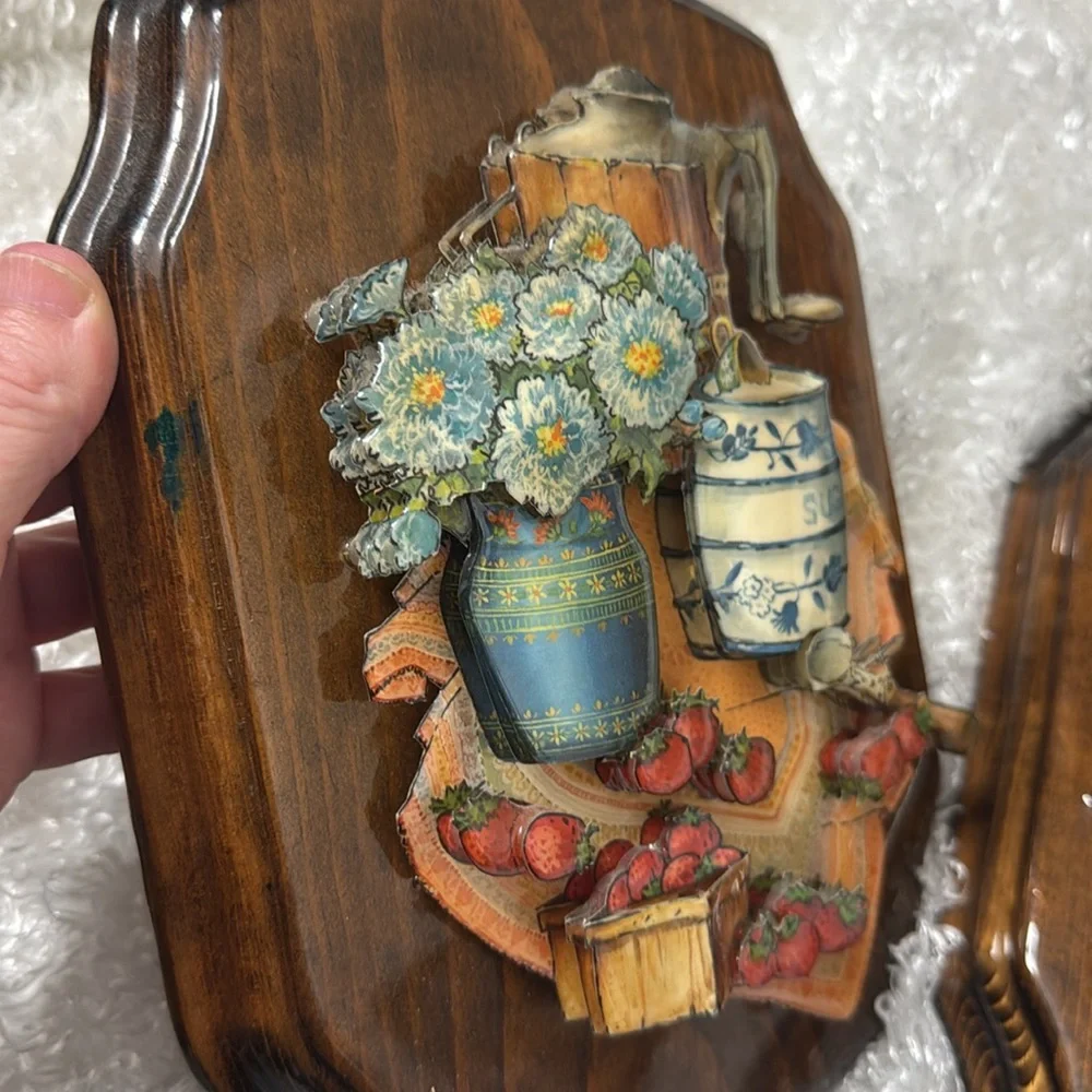 Vintage grannycore wooden kitchen wall art 3D tea berries flowers sugar